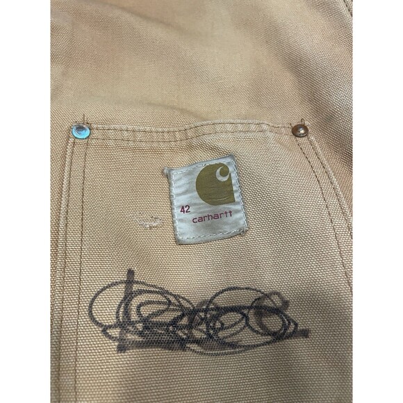 Vintage Carhartt Tan Button Mens 42 Duck Canvas Chore Jacket Blanket Lined USA - Picture 4 of 14